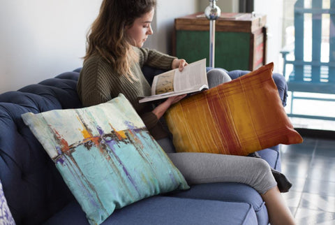 blue and orange throw pillows