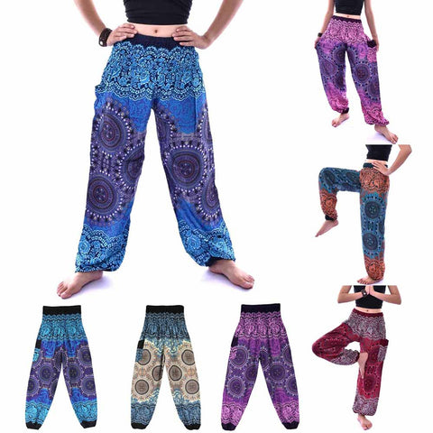 New Men Women Thai Harem Trousers Festival Hippy Smock High Waist  Ankle-Length Compass Print Yoga Pants