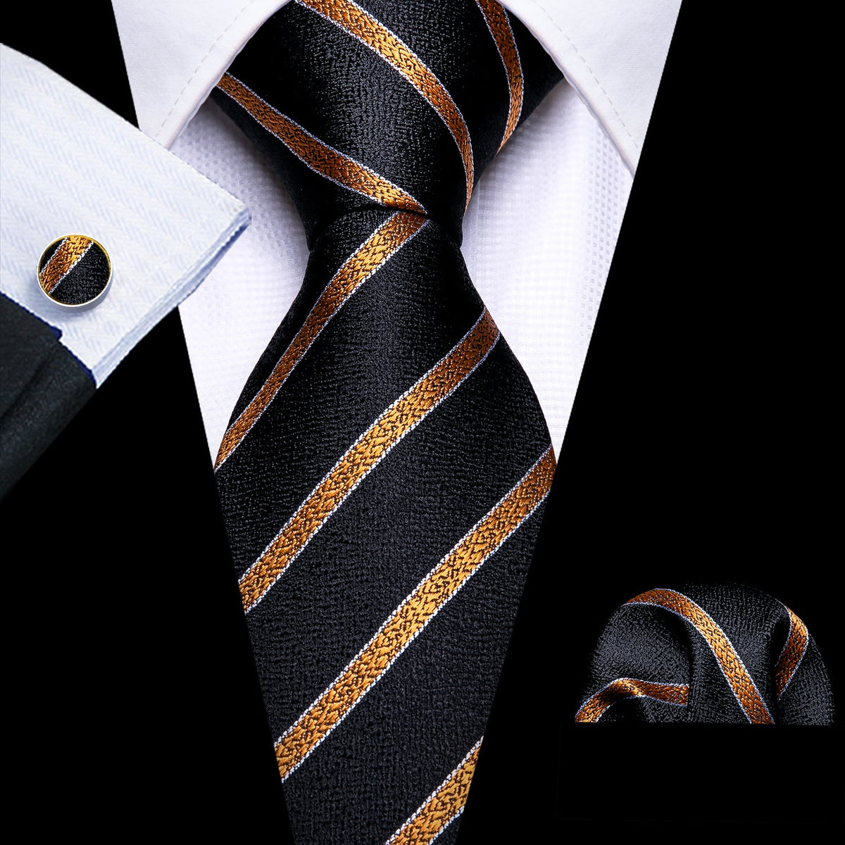 Gold-Striped Black Tie Set with Pocket Square & Cufflinks