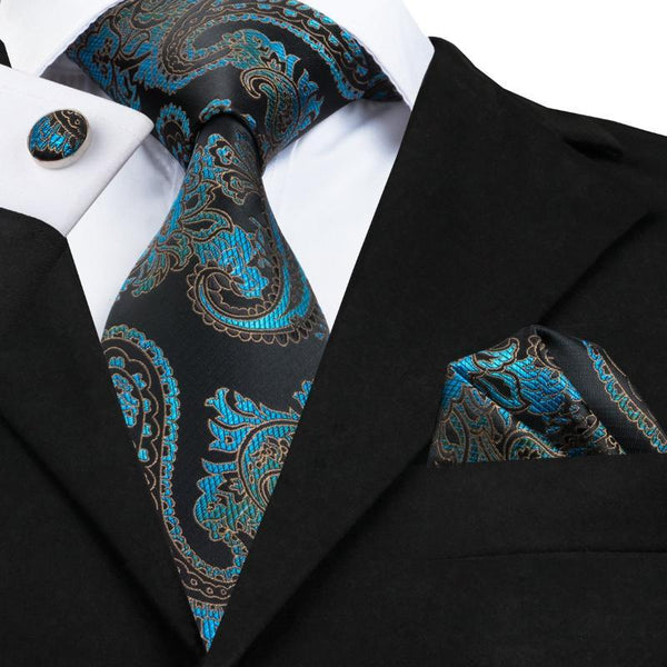 Aquamarine on Black Tie, Pocket Square and Cufflinks Set | Beautiful ...