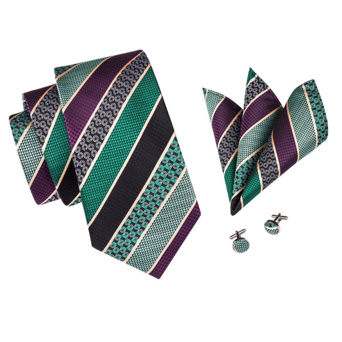 Purple, Green and Circles Tie, Pocket Square and Cufflinks ...