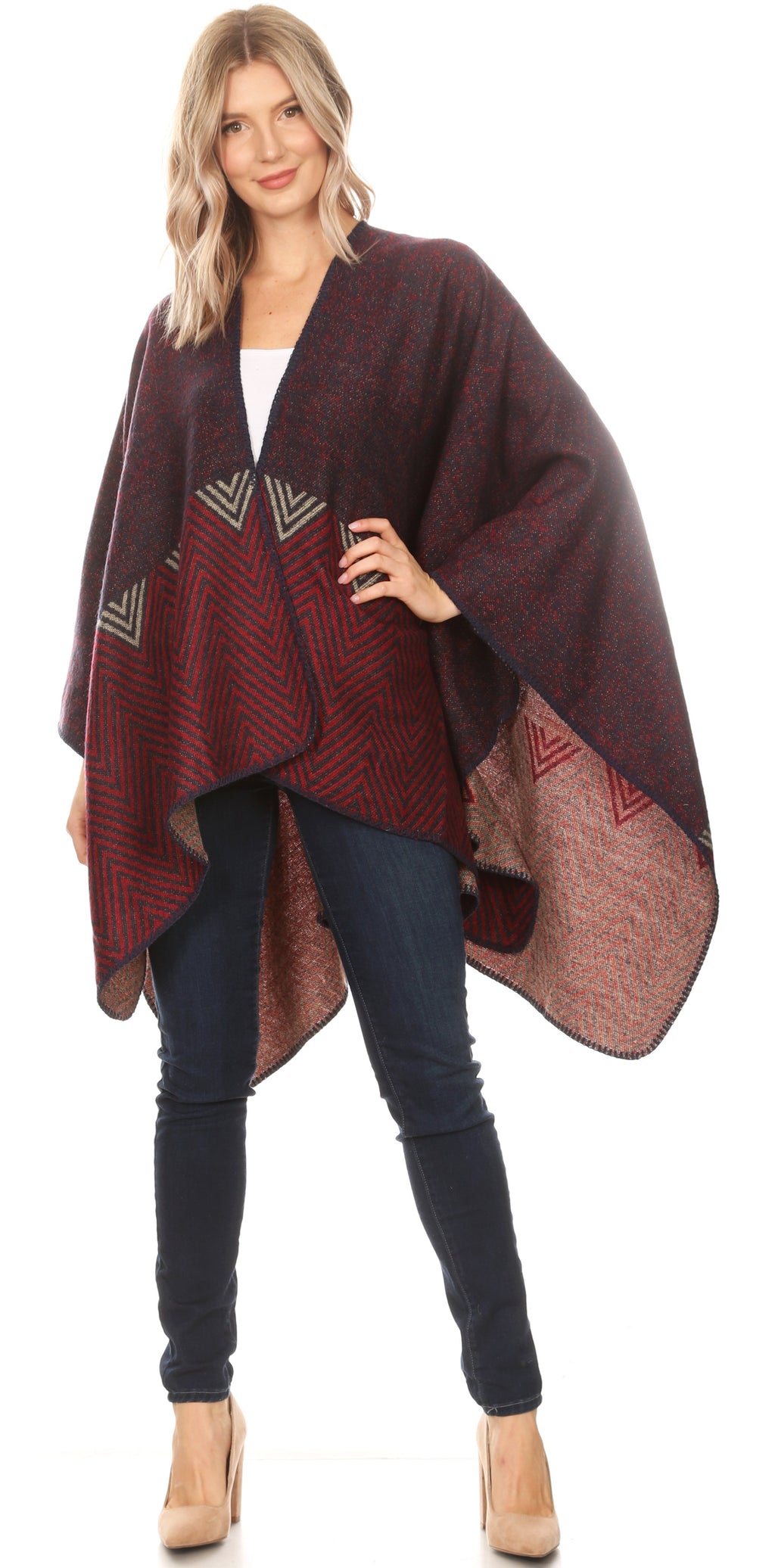 Sakkas Lupe Womens Reversible Poncho Wrap Cape Shawl Sweater Coat Card