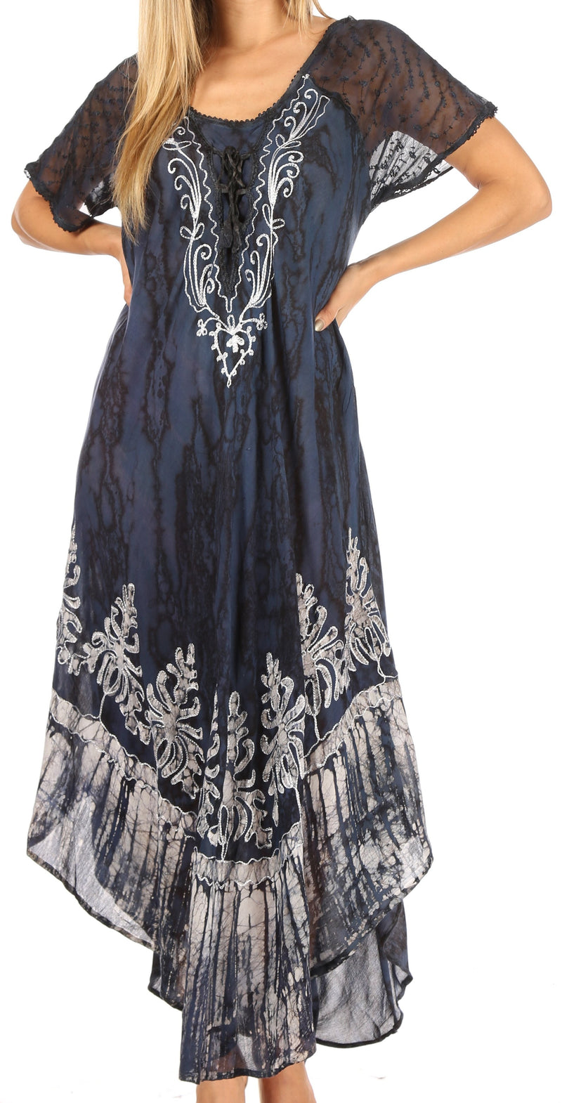 Sakkas Ronny Lace Embroidered Cap Sleeve Tie Dye Wash Caftan Dress / C