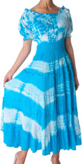 2-Tone Tie Dye Cap Sleeves Smocked Waist Tiered Guazy Long Dress#color_Blue