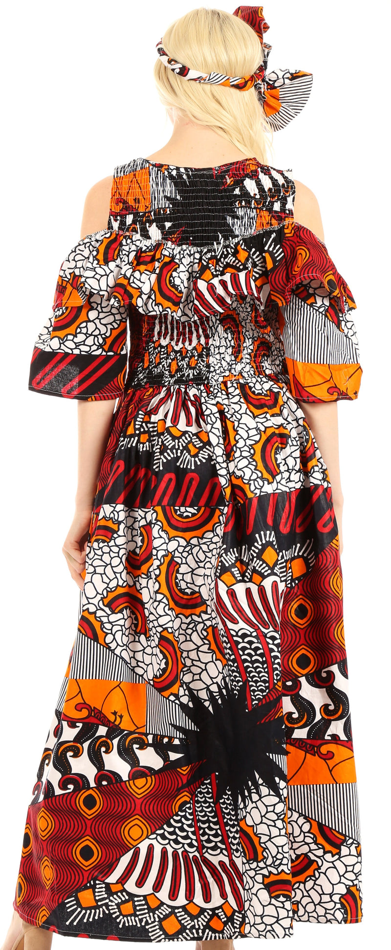 Sakkas Tany Women S Cold Shoulder Smocked Ruffled African Ankara Maxi