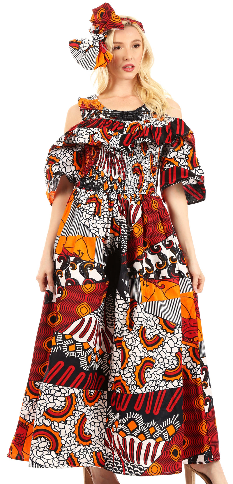 Sakkas Tany Women S Cold Shoulder Smocked Ruffled African Ankara Maxi