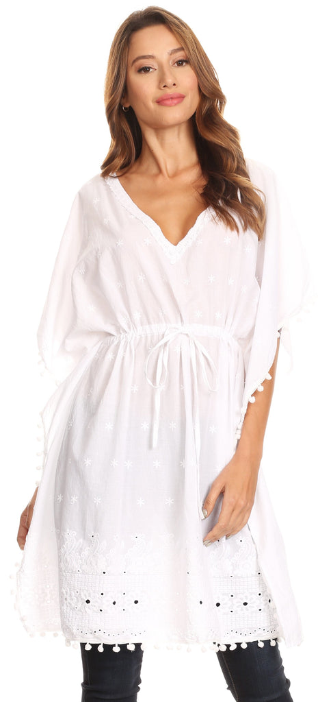 Sakkas Amelia Embroidered Eyelet V-Neck Caftan Cover Up with Drawstrin ...