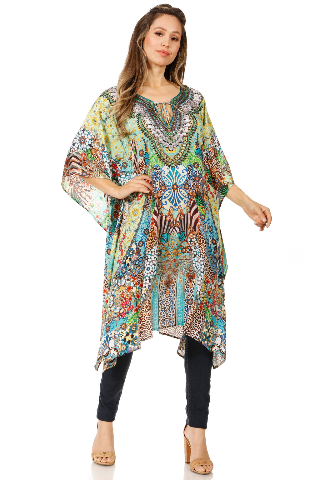 Sakkas Jenni Women's Mid Length Boho Caftan Kaftan Dress Cover up Flow