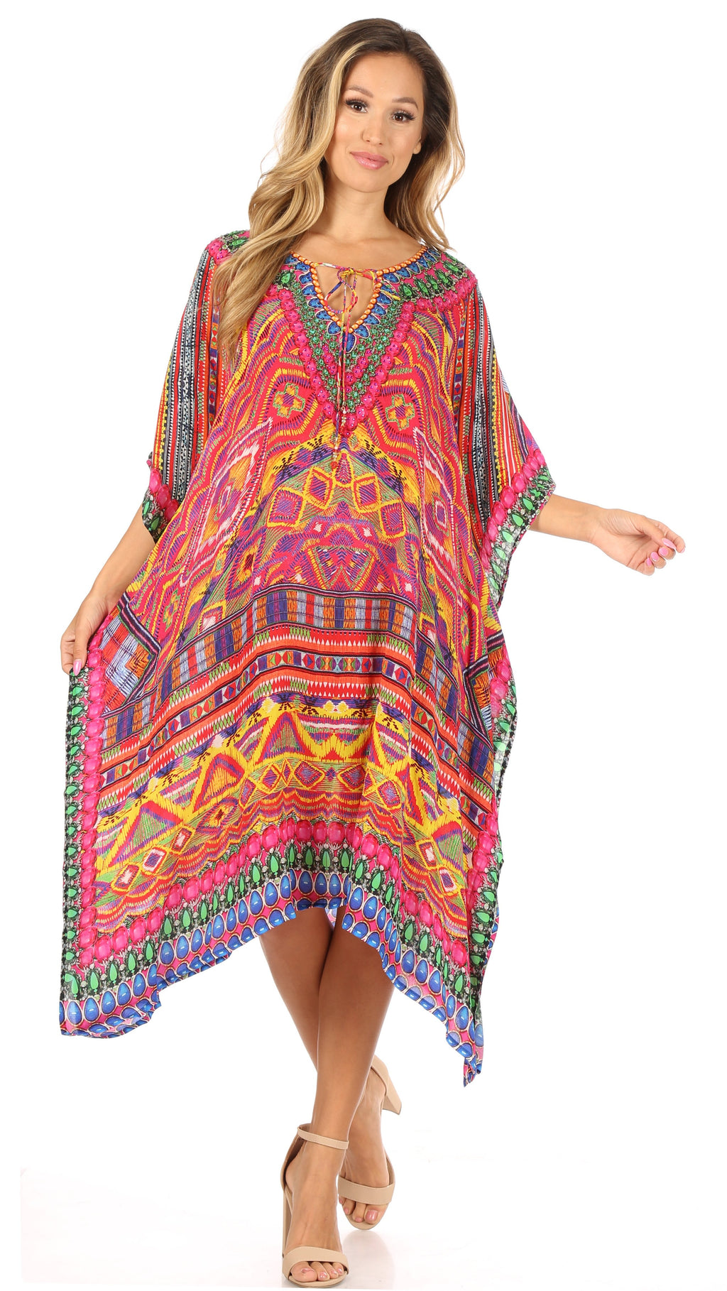 Sakkas Jenni Women's Mid Length Boho Caftan Kaftan Dress Cover up Flow