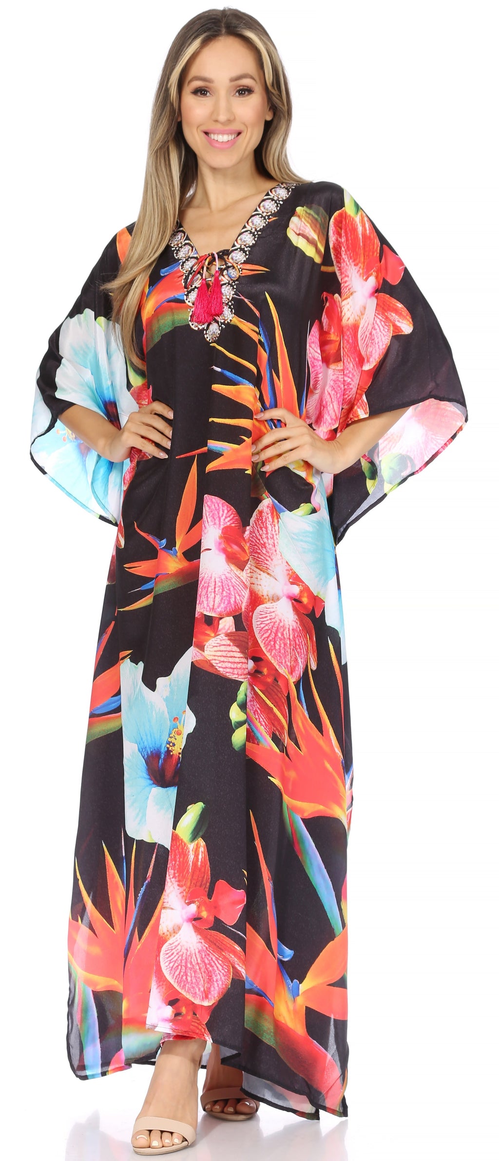 Sakkas Georgettina Flowy Rhinestone V Neck Long Caftan Dress / Cover Up