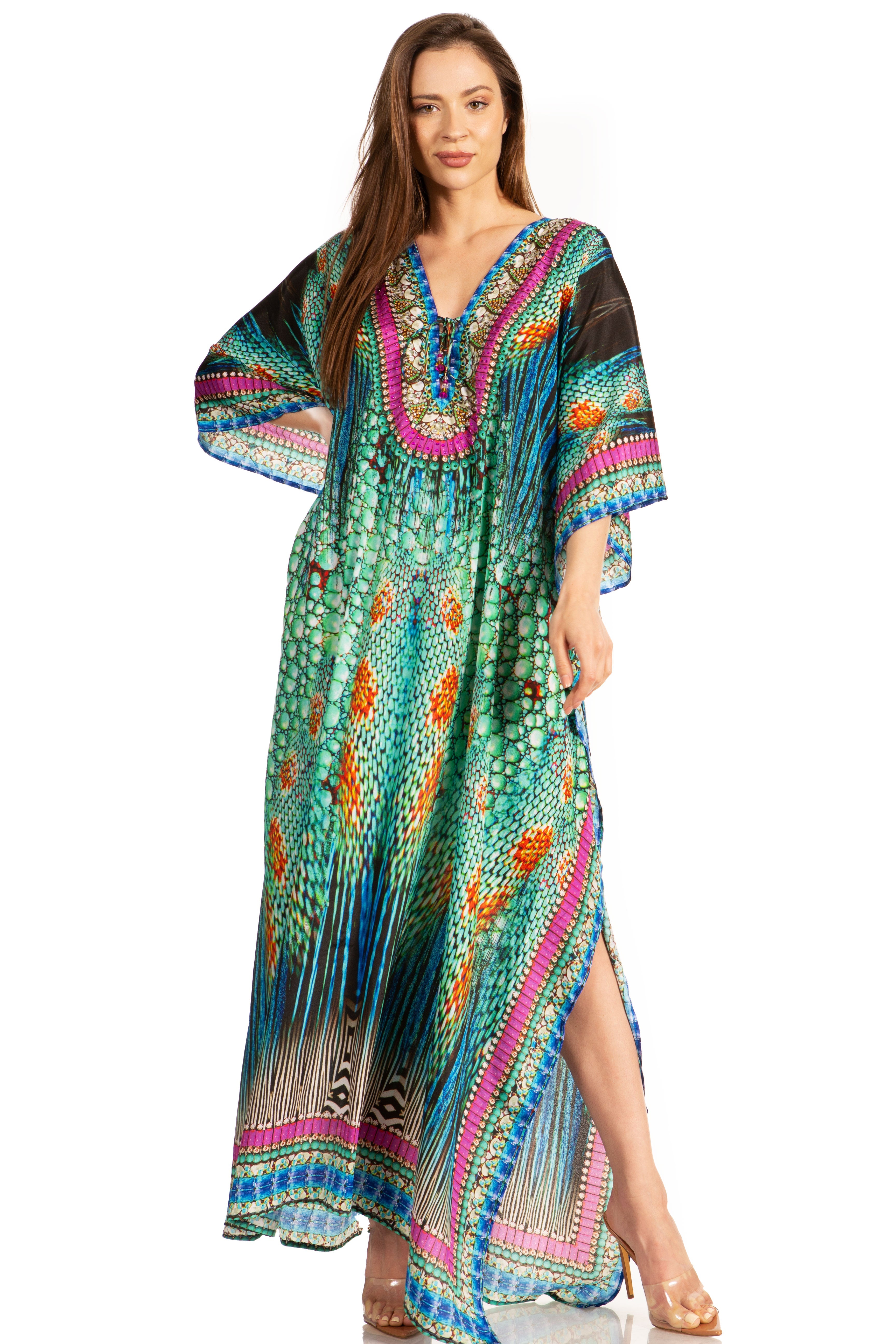 Sakkas Georgettina Flowy Rhinestone V Neck Long Caftan Dress/Cover Up ...