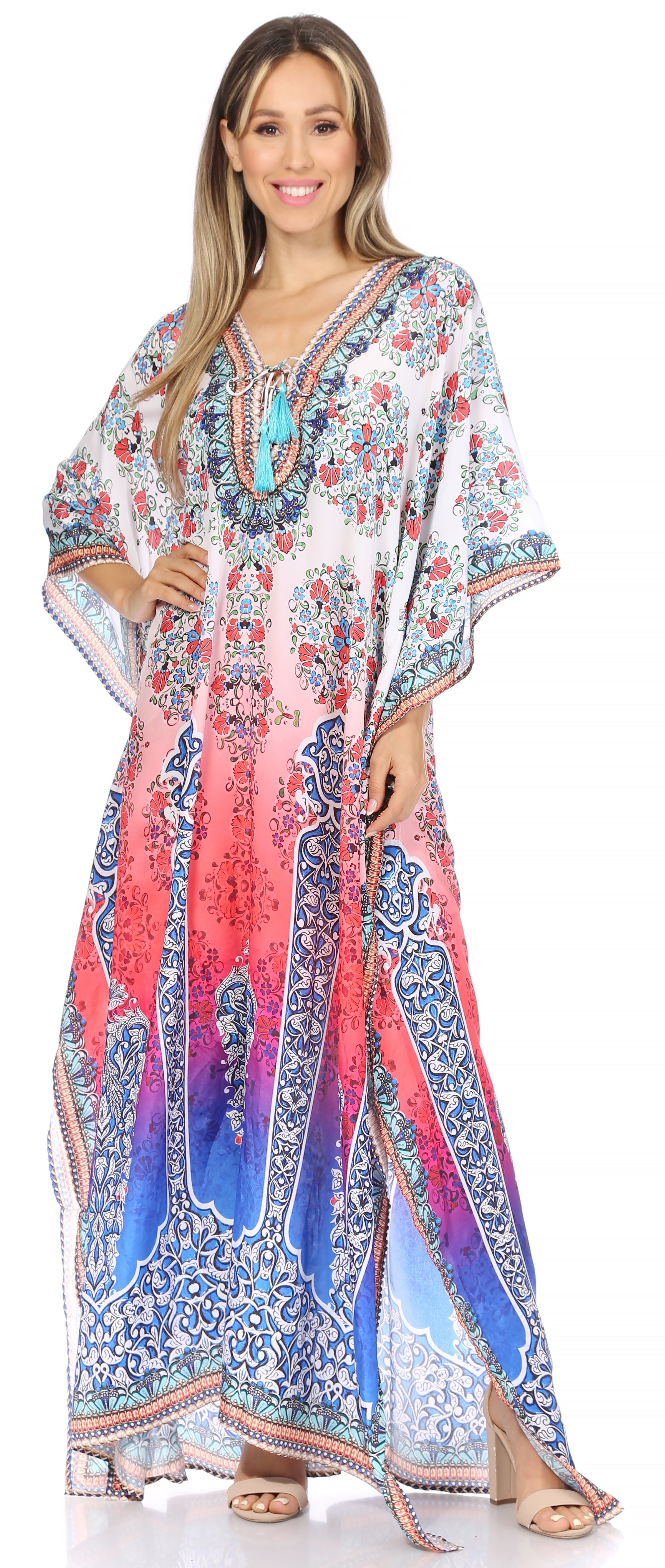 Sakkas Georgettina Flowy Rhinestone V Neck Long Caftan Dress/Cover Up ...