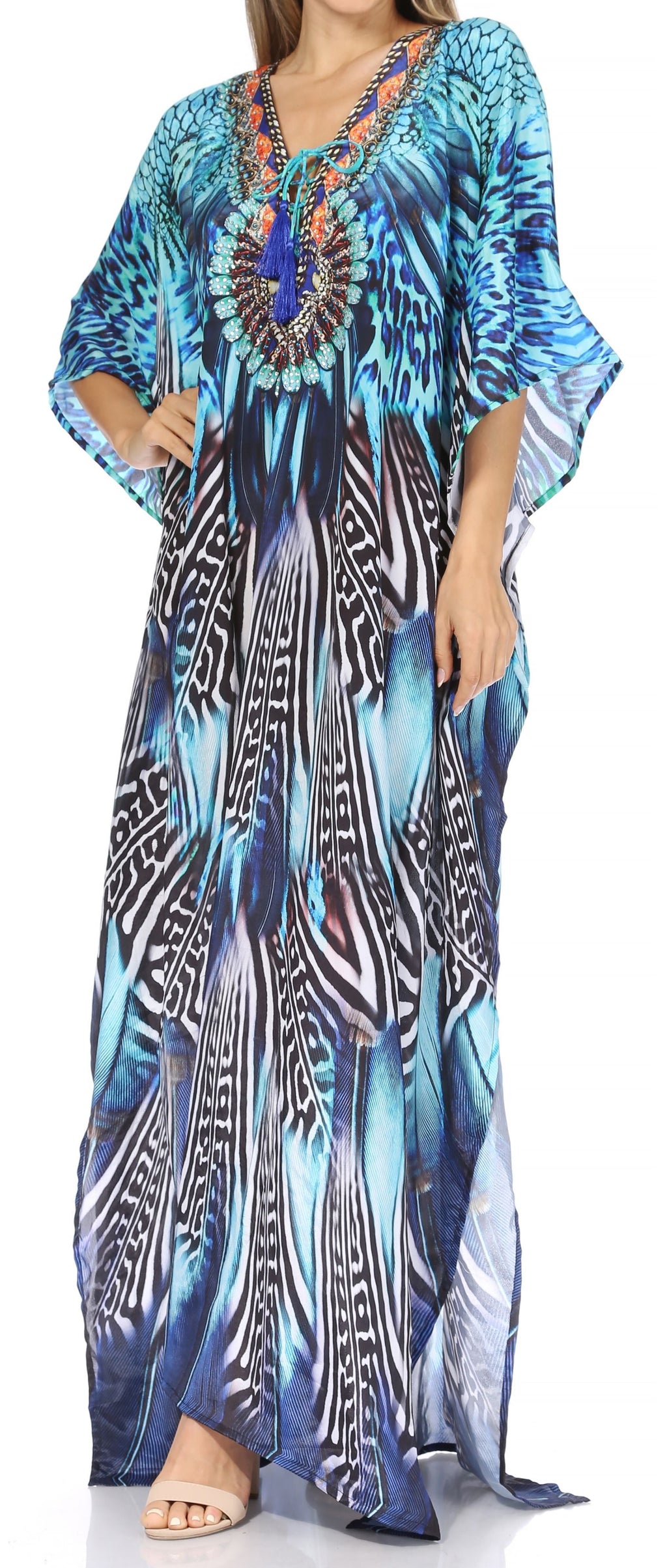 Sakkas Georgettina Flowy Rhinestone V Neck Long Caftan Dress / Cover Up