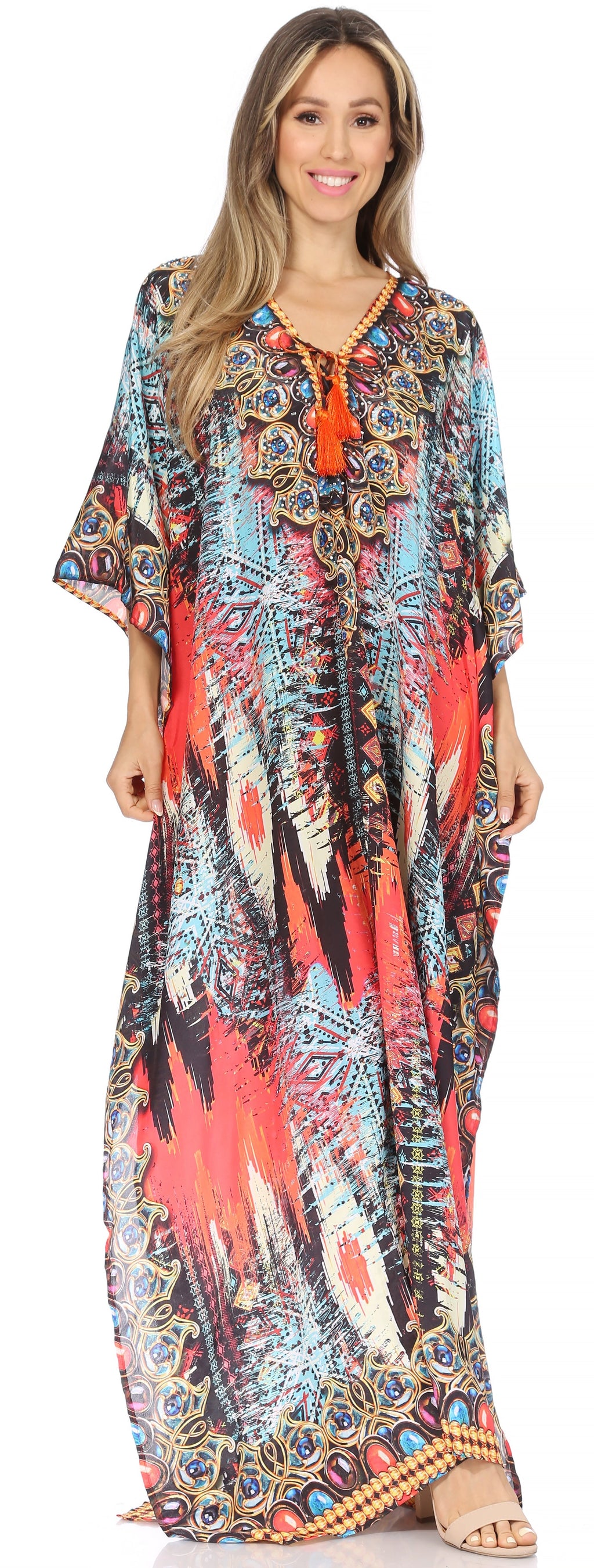 Sakkas Georgettina Flowy Rhinestone V Neck Long Caftan Dress / Cover Up