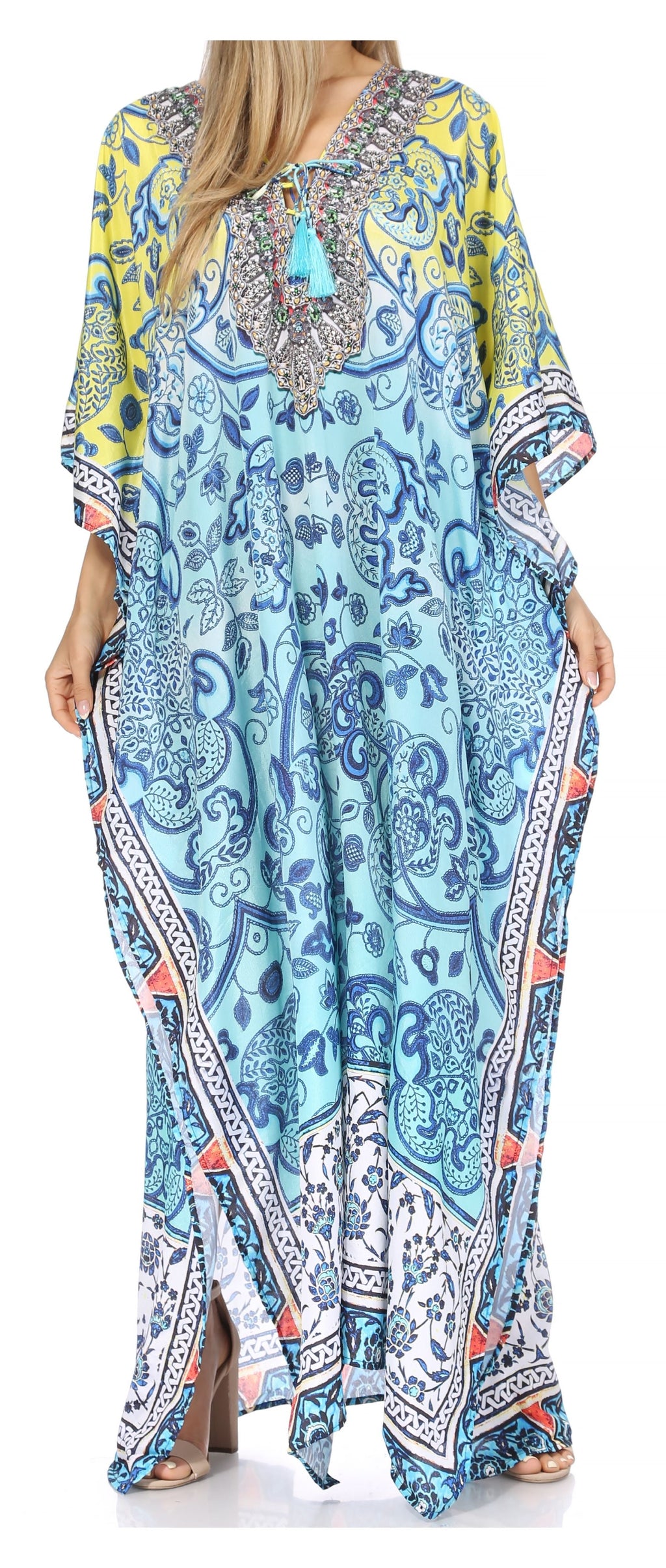 Sakkas Georgettina Flowy Rhinestone V Neck Long Caftan Dress / Cover Up