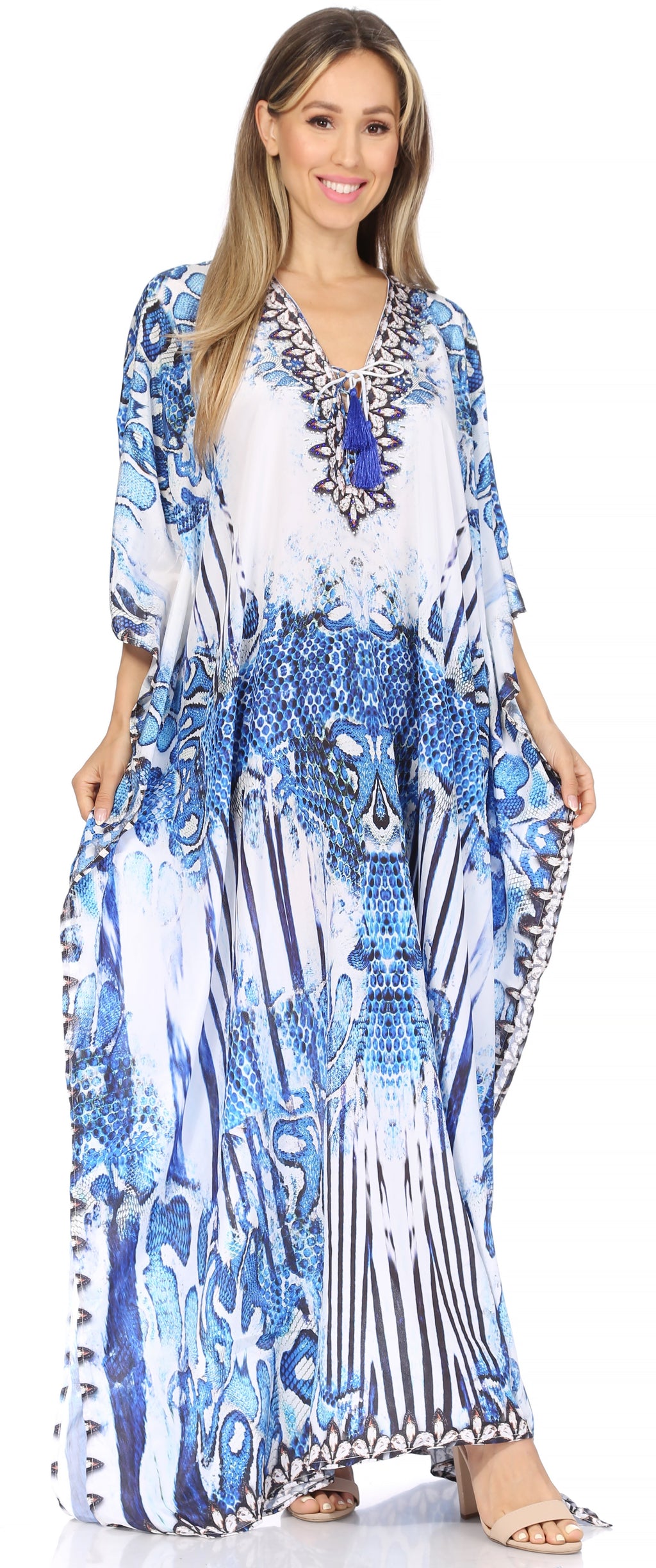 Sakkas Georgettina Flowy Rhinestone V Neck Long Caftan Dress / Cover Up