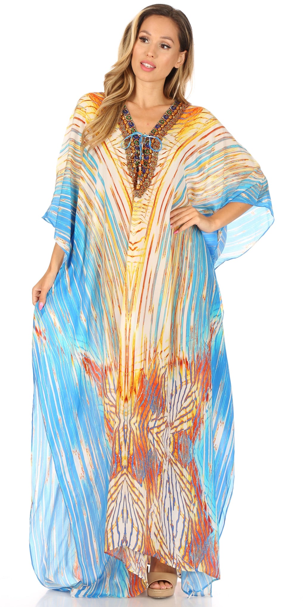 Sakkas Georgettina Flowy Rhinestone V Neck Long Caftan Dress / Cover Up