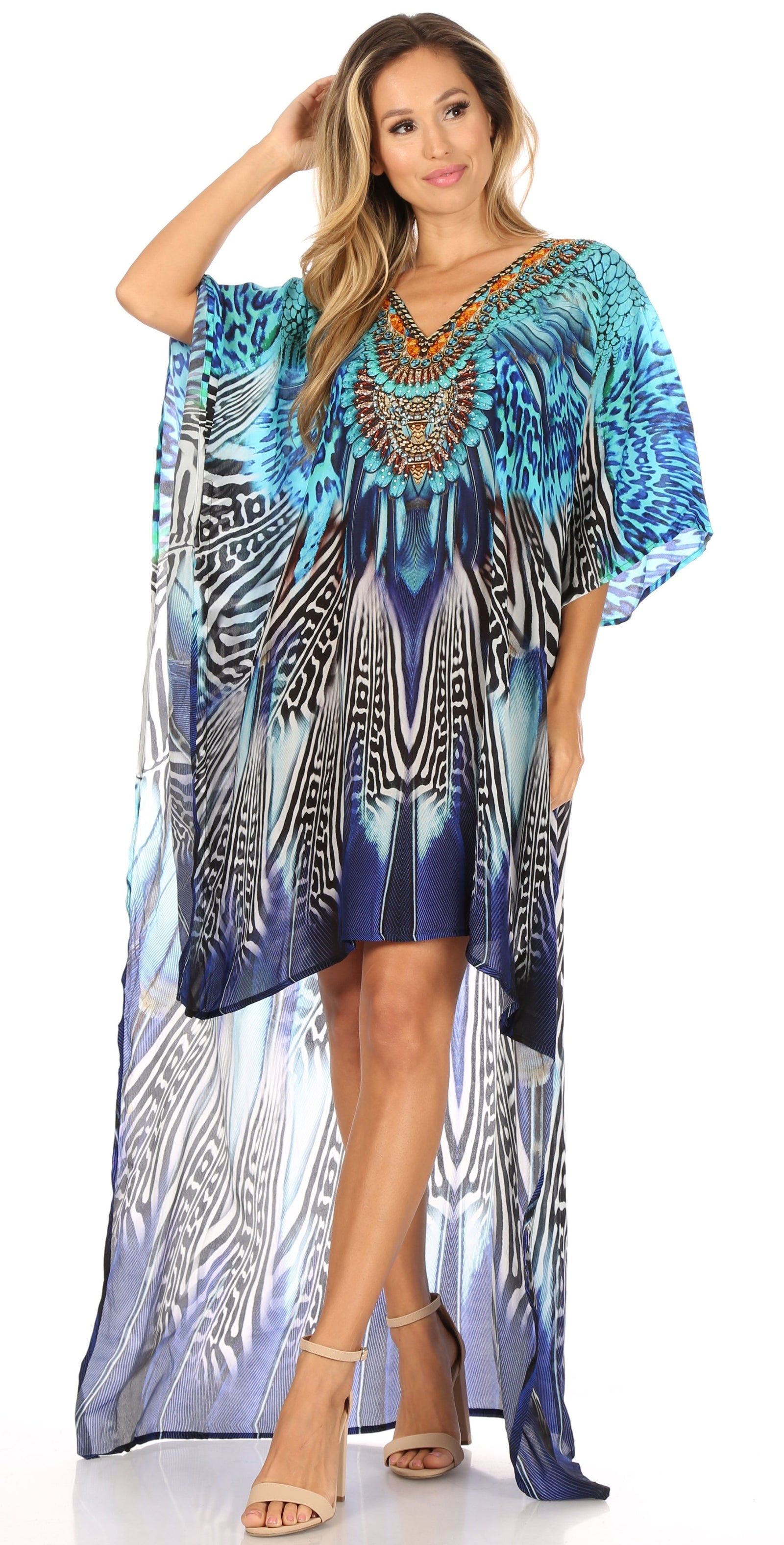 Sakkas Laisson Flowy Hi Low Caftan Rhinestone Boxy V Neck Dress Top Co ...