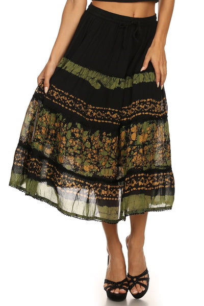 Sakkas Layla Adjustable Waist Batik Tiered Mid-length Skirt | Sakkas Store