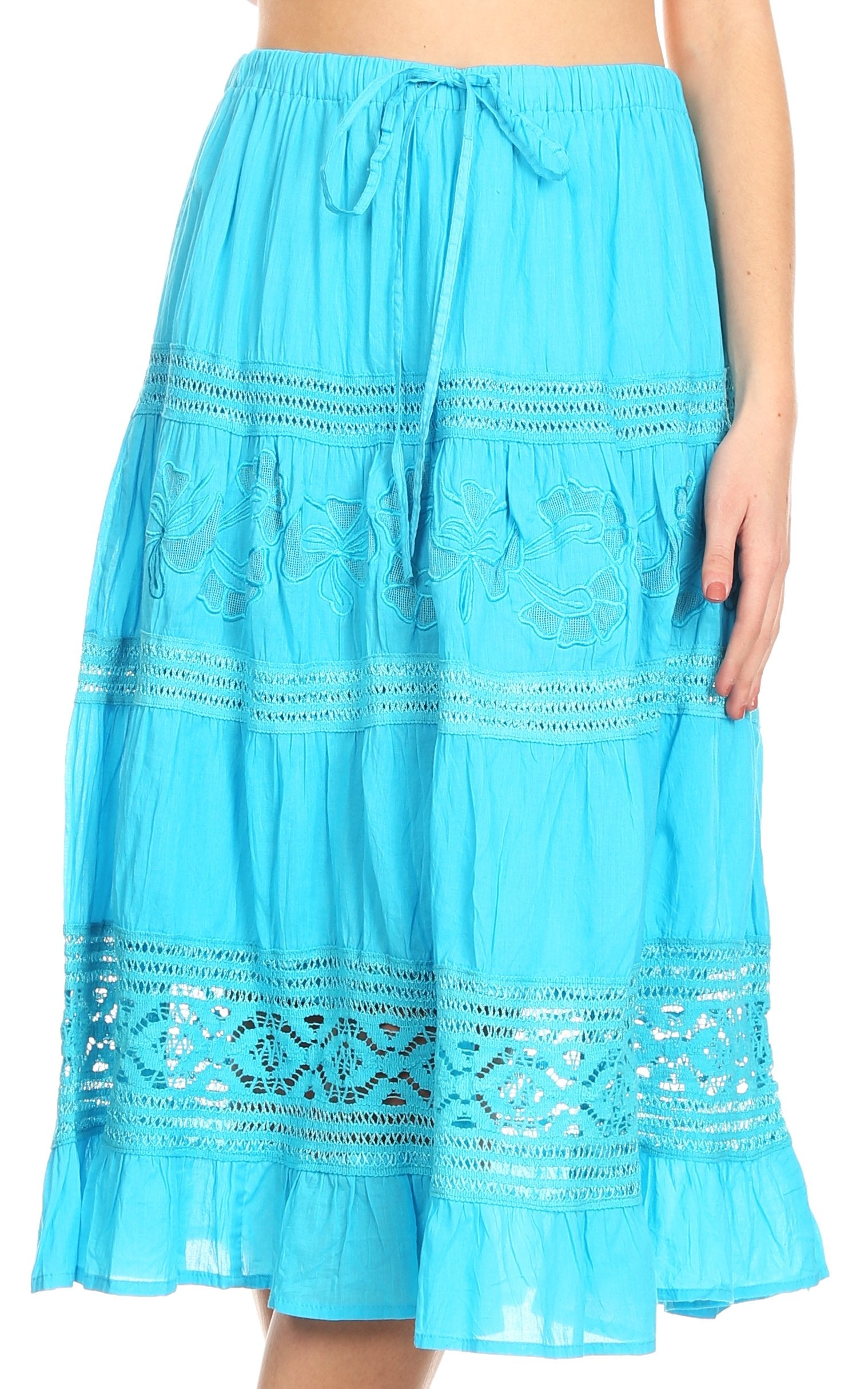 Sakkas Kezia Women's Bohemian Gypsy Casual Midi Skirt A line Lace & Em
