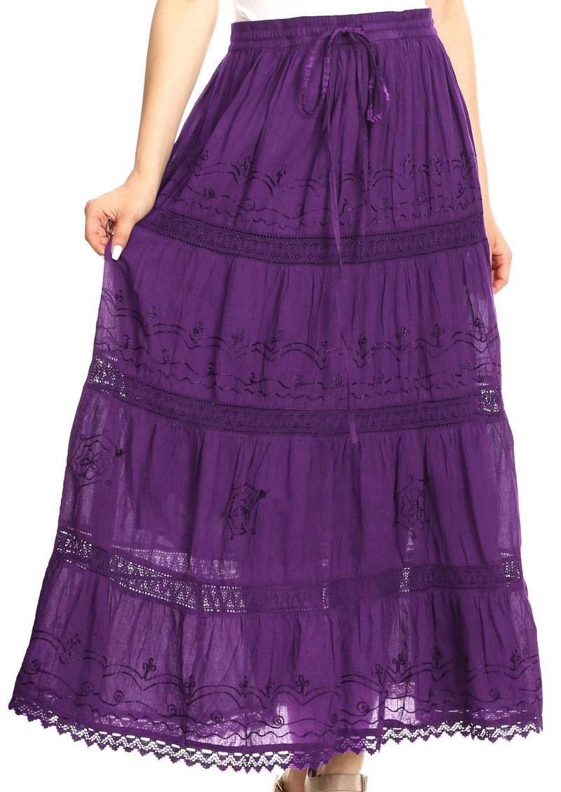 Sakkas Solid Embroidered Gypsy Bohemian Mid Length Cotton Skirt ...
