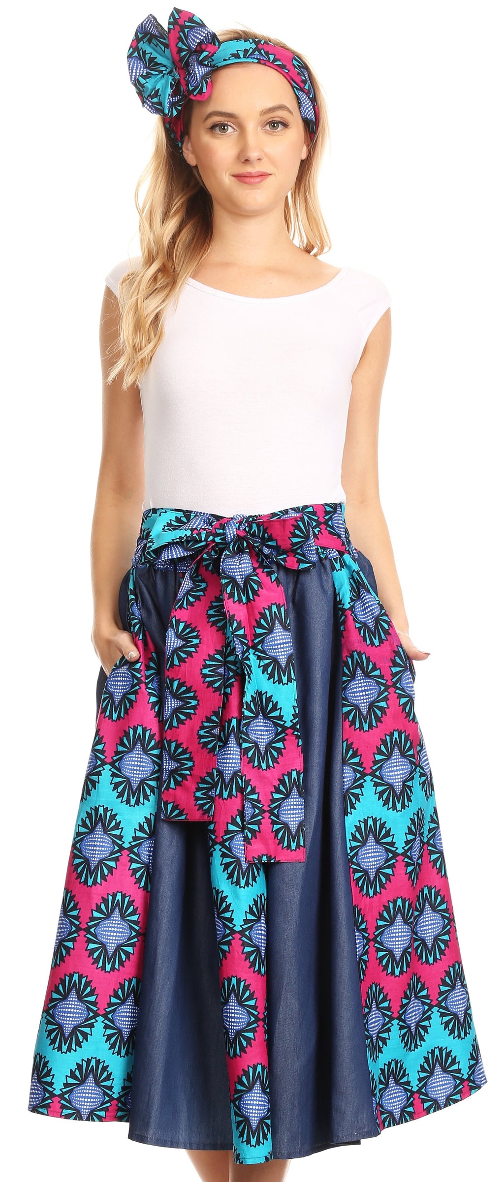 Sakkas Dayo Circle Mid Skirt with Elastic Waist Colorful Ankara Africa