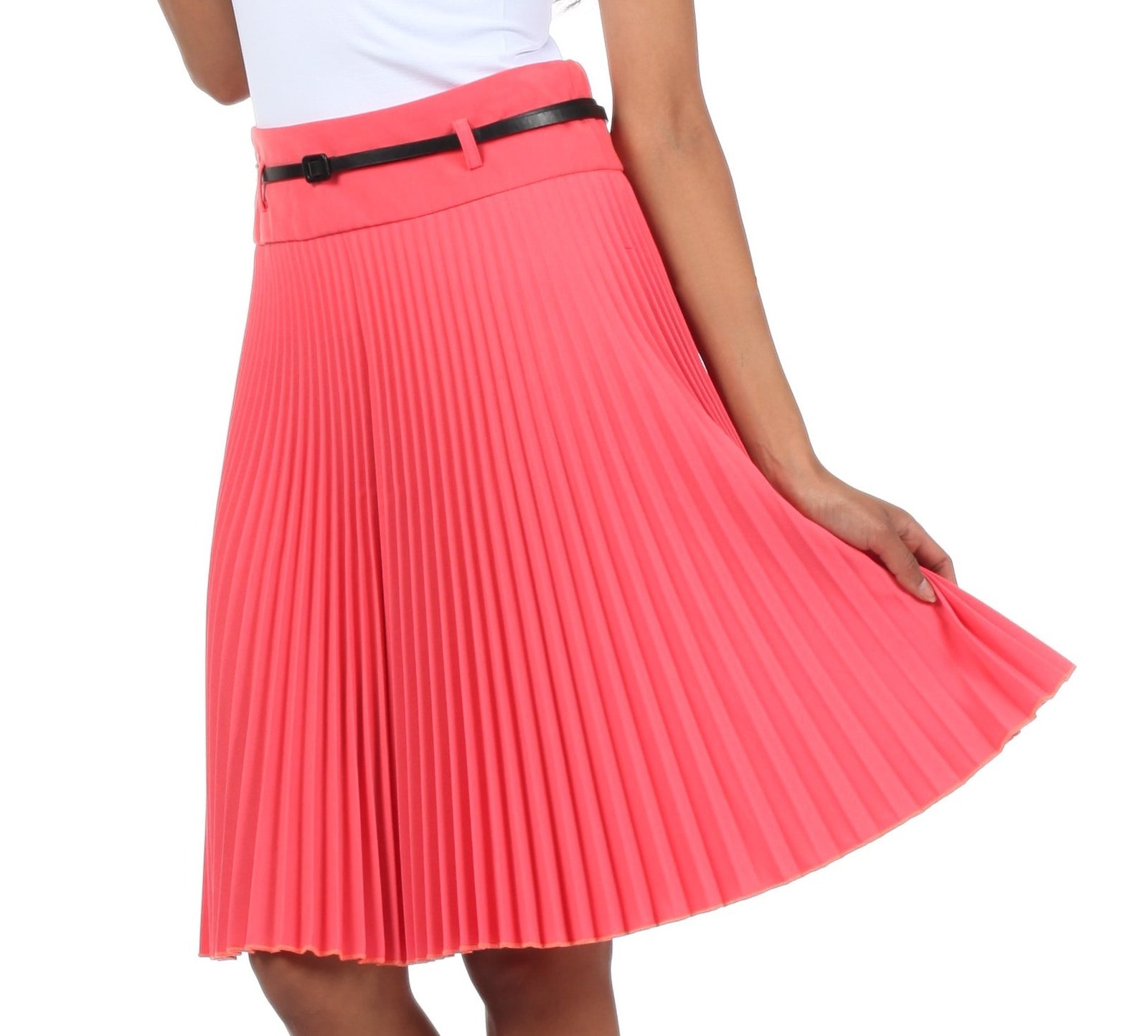 Sakkas Knee Length Pleated A-Line Skirt with Skinny Belt – Sakkas Store