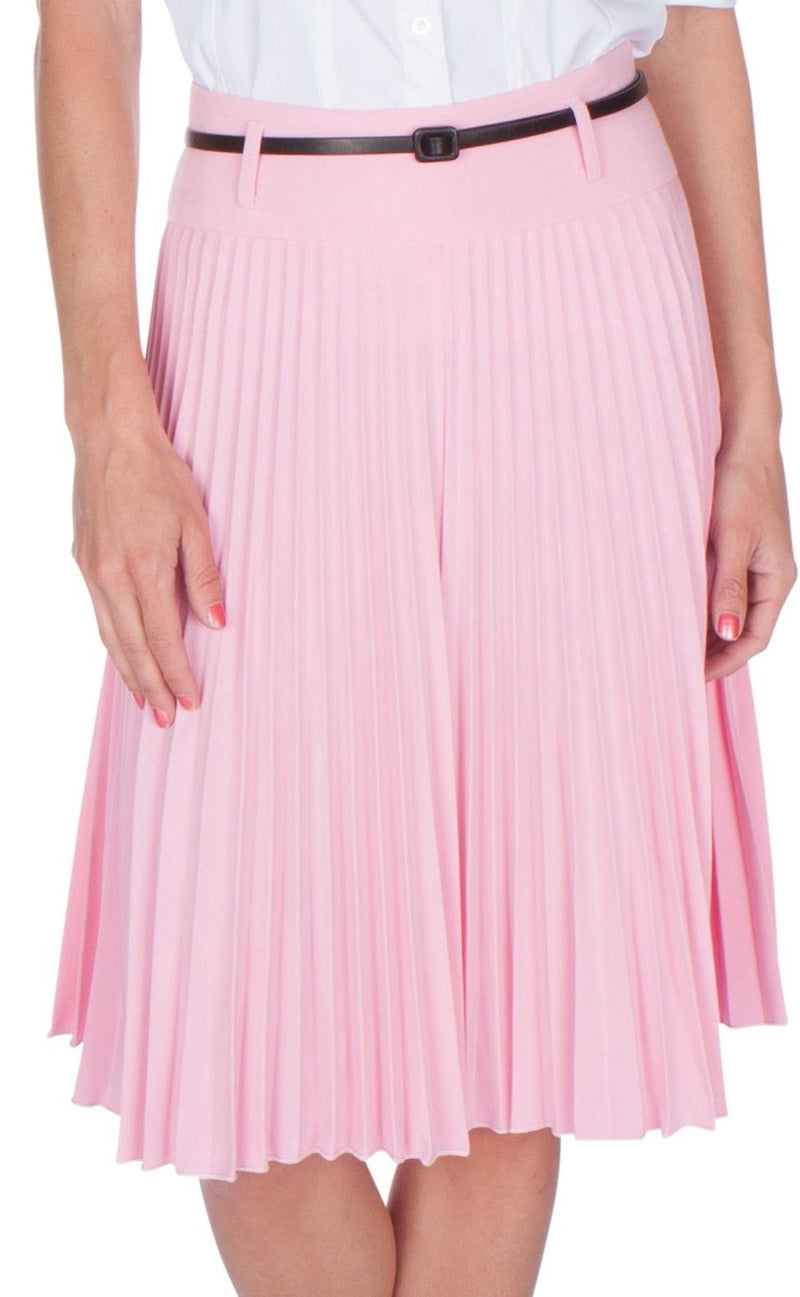 Sakkas Knee Length Pleated A-Line Skirt with Skinny Belt – Sakkas Store