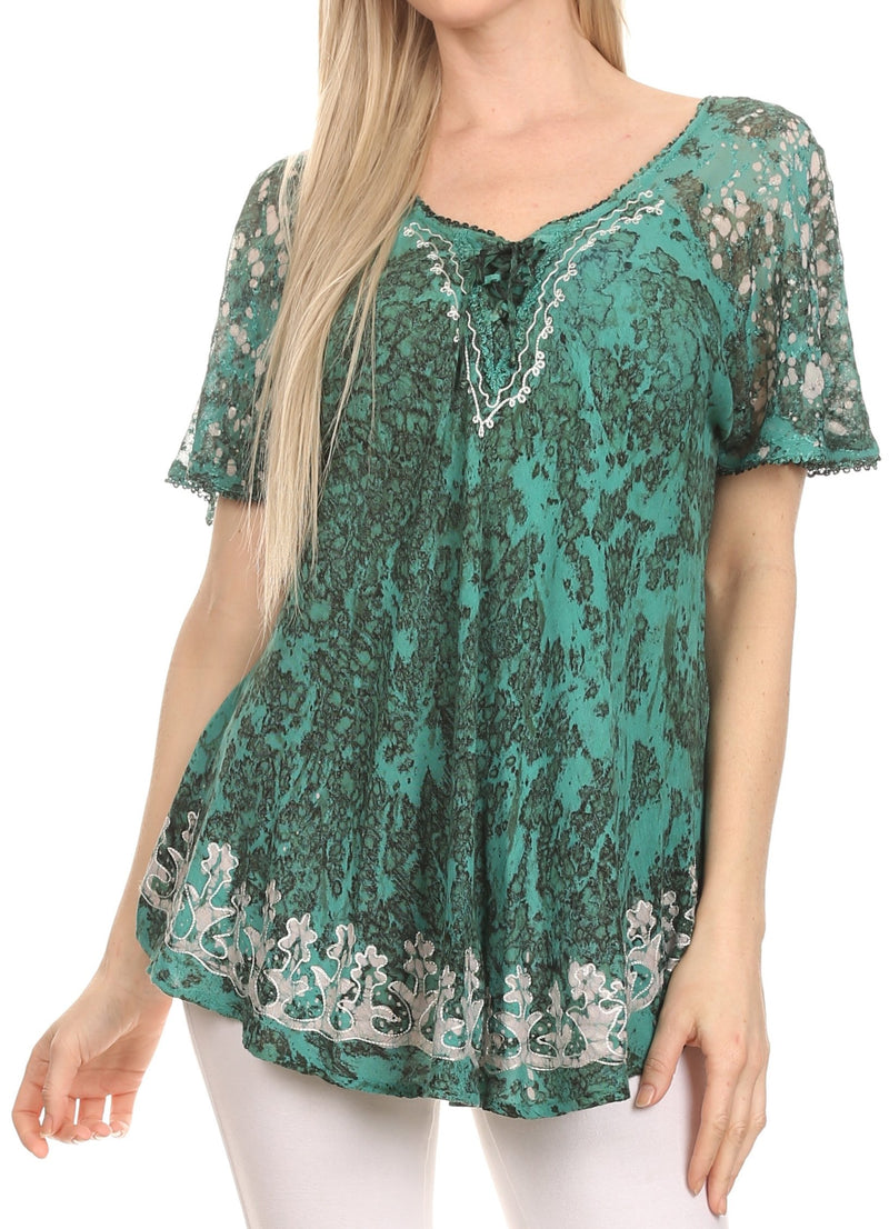 Sakkas Ash Speckled Tiedye Embroidered Cap Sleeve Blouse Top With Embr ...