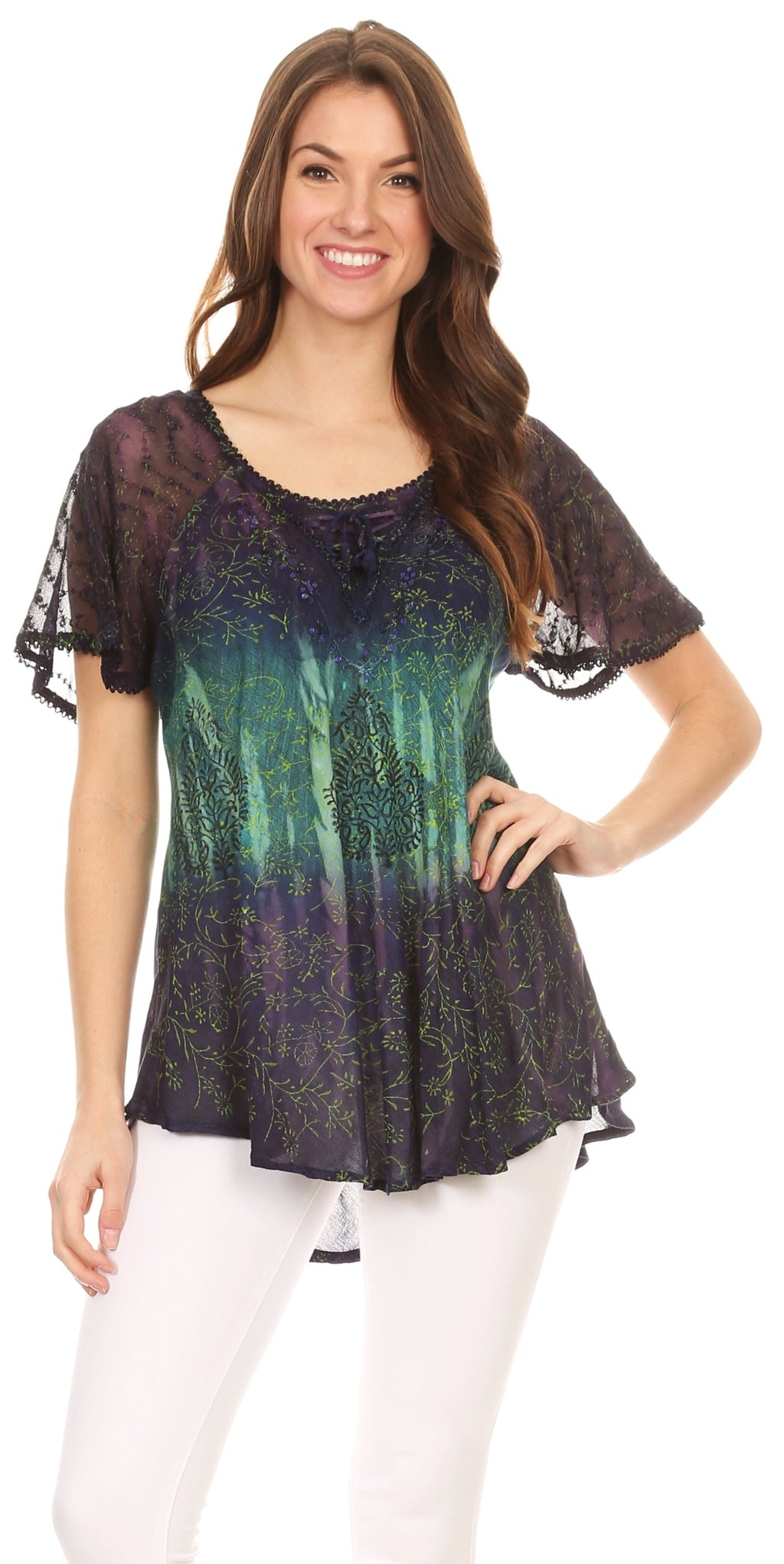 Sakkas Nayen Tie-Dye Sheer Cap Sleeve Embellished Relaxed Fit Drawstri