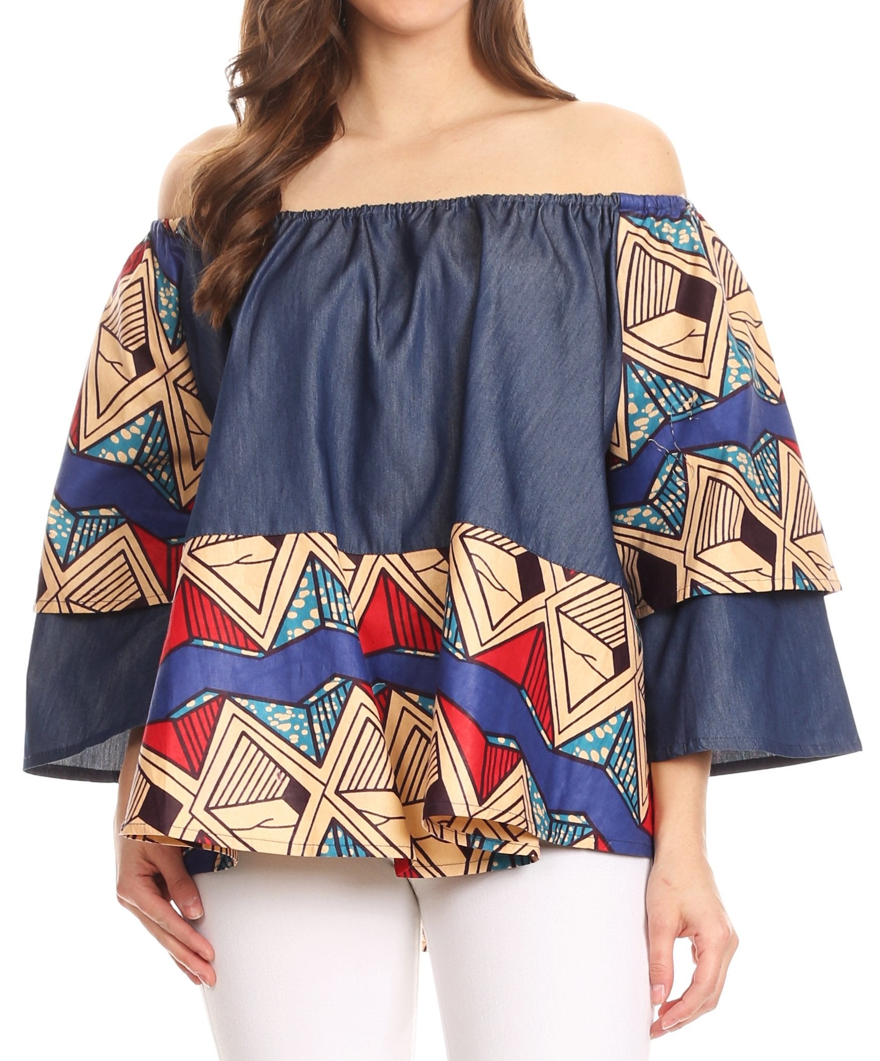 Sakkas Desta Off-shoulder Tent Top Blouse on Chambray and Wax African Ankara Print