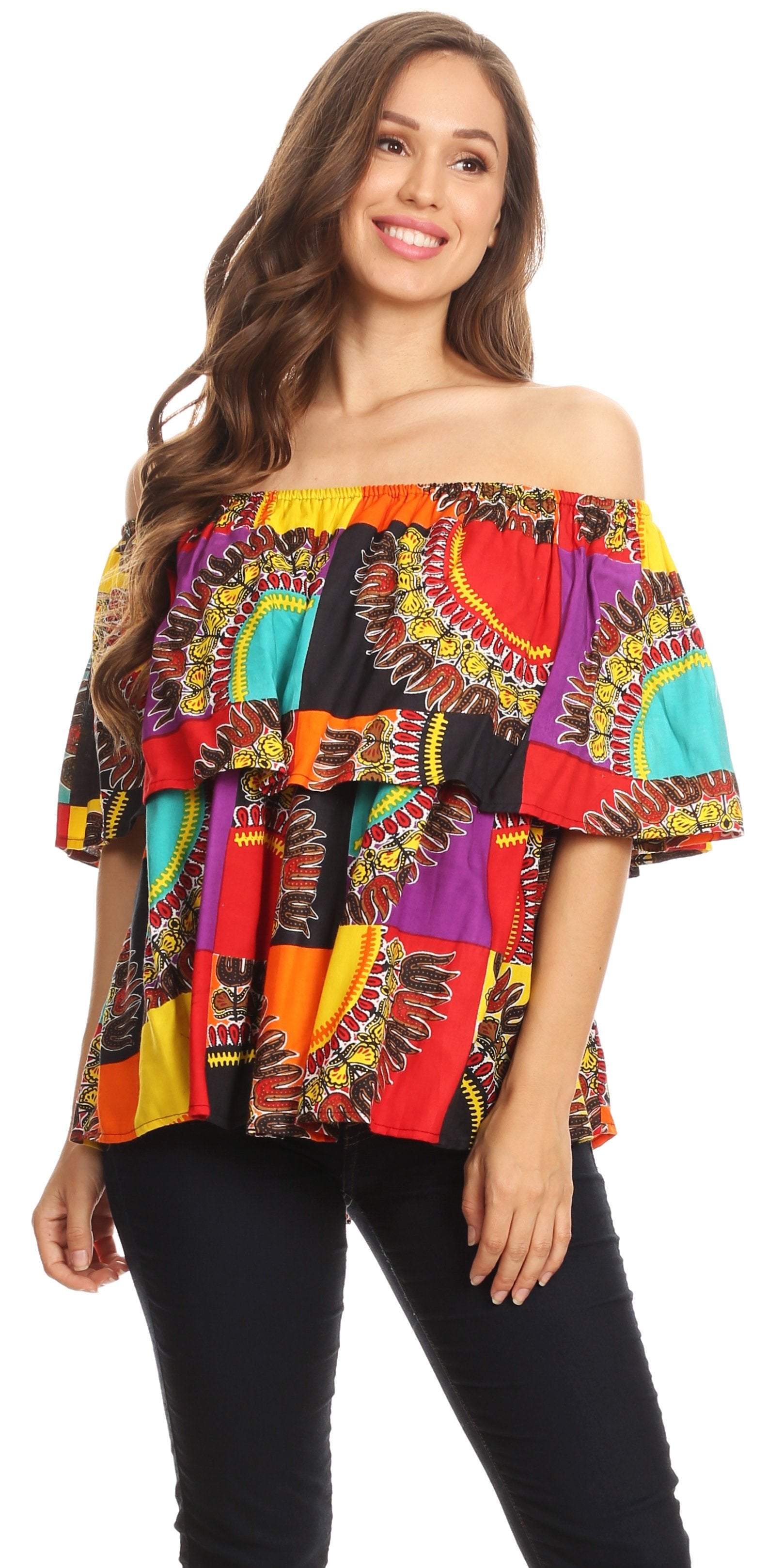 Azra Casual Colorful African Dashiki Off-Shoulder Blouse Top Flowy and Fun!