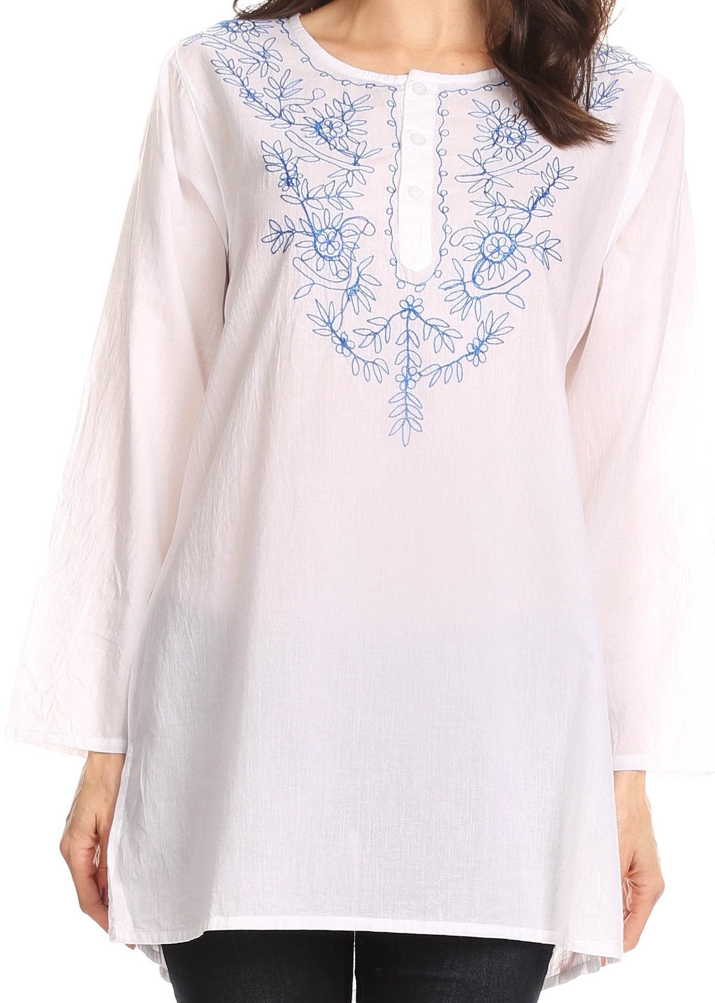 Sakkas Ariana Long Sleeve Button Up Blouse with Floral Embroidery