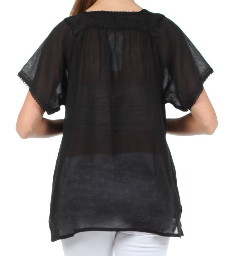 Sakkas Square Neck Button Detail Semi-Sheer Gauzy Cotton Blouse