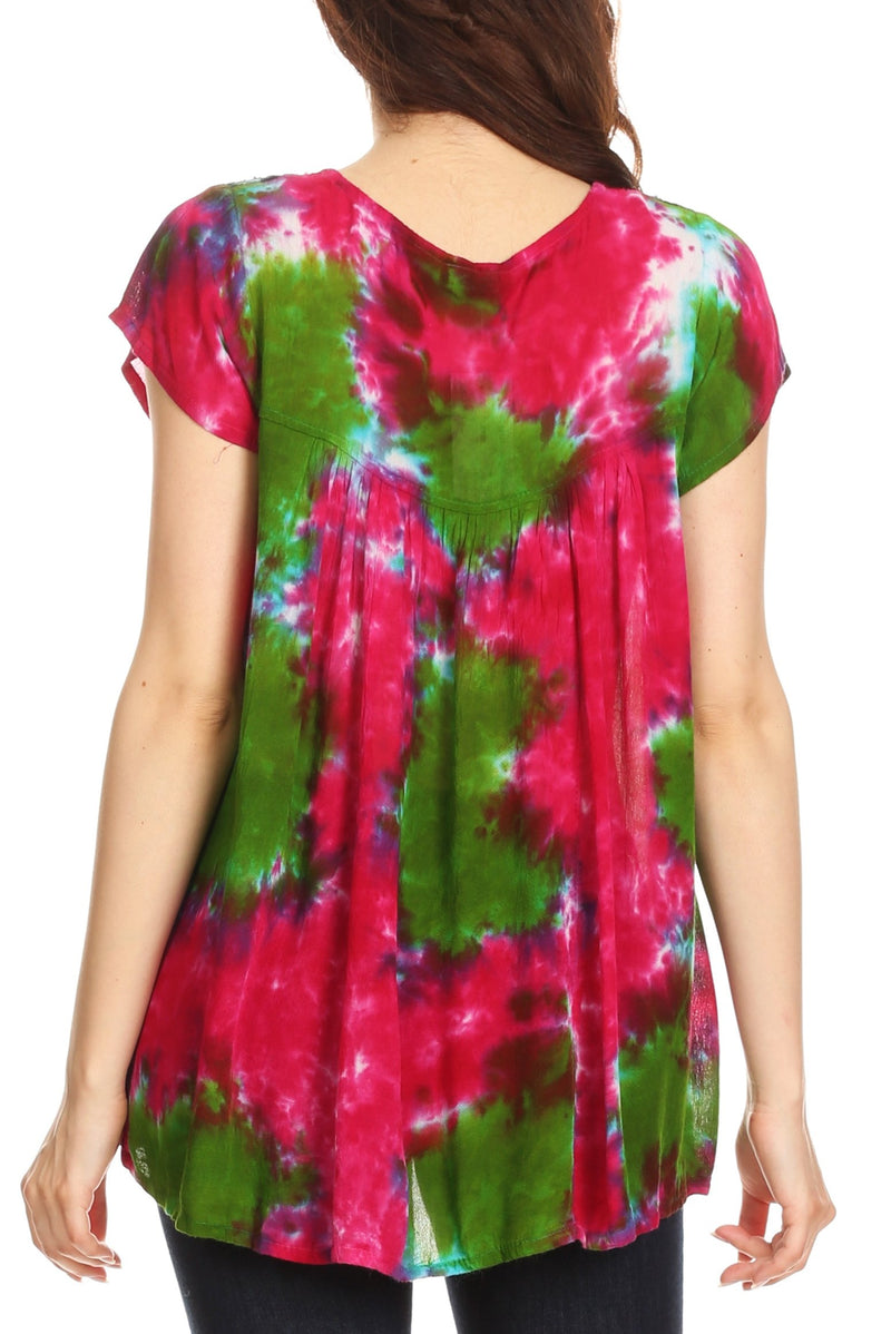 Sakkas Olga Petite Slim Colorful Tie-Dye Short Sleeve Top Blouse with ...