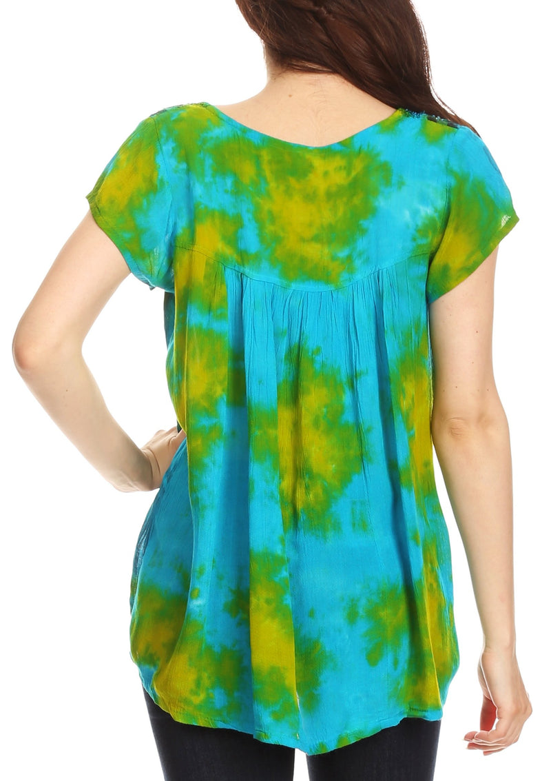 Sakkas Olga Petite Slim Colorful Tie-Dye Short Sleeve Top Blouse with ...