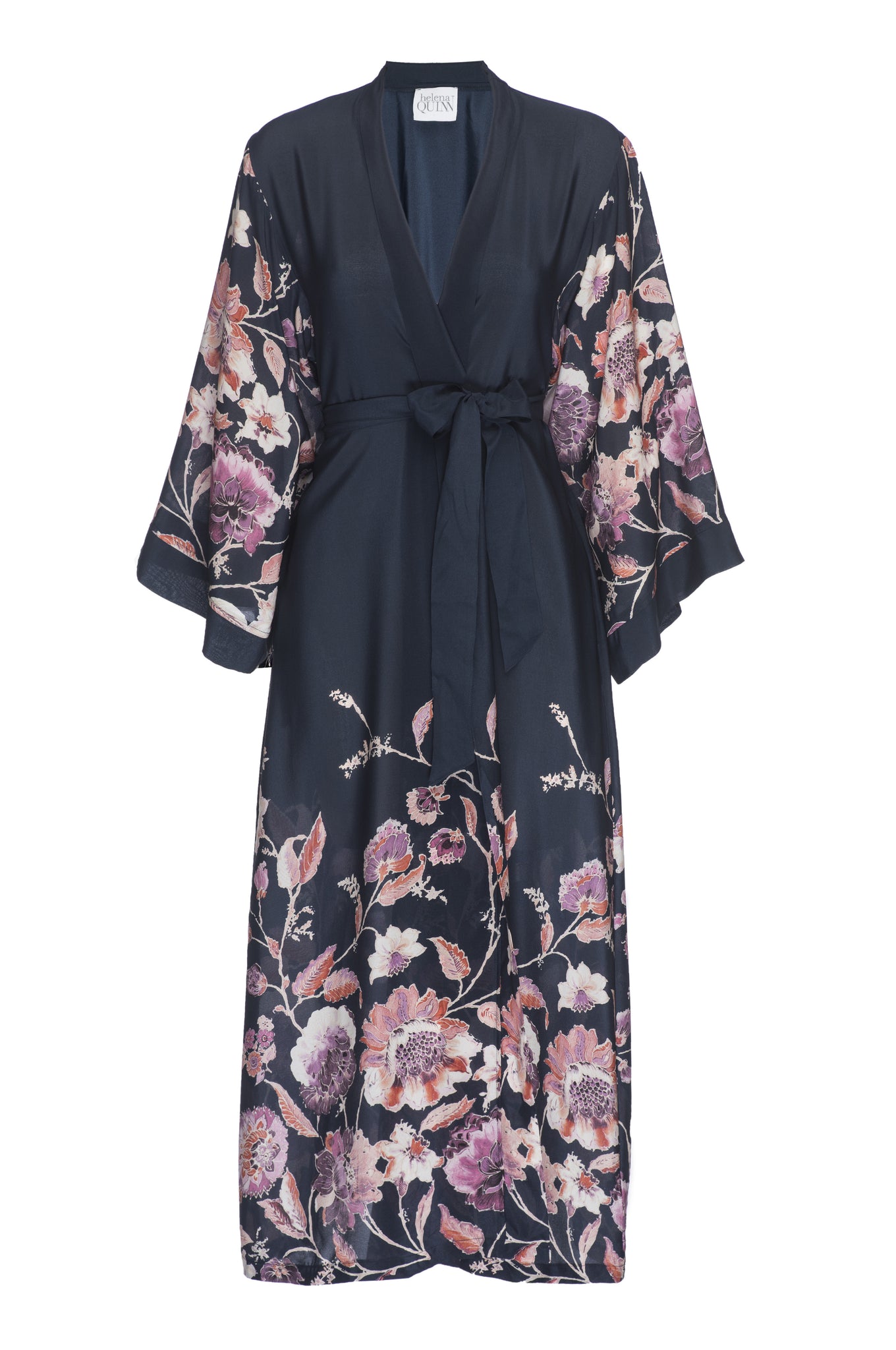Helena Quinn / / Navy Floral Silk Kimono Robe