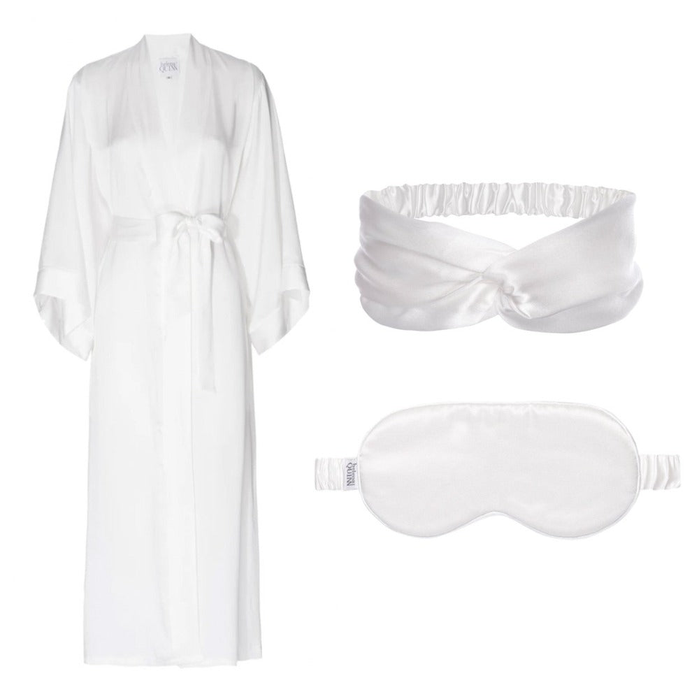Bridal Bundle - Ivory Silk Full Length Robe, Silk Eye Mask, Silk Headband