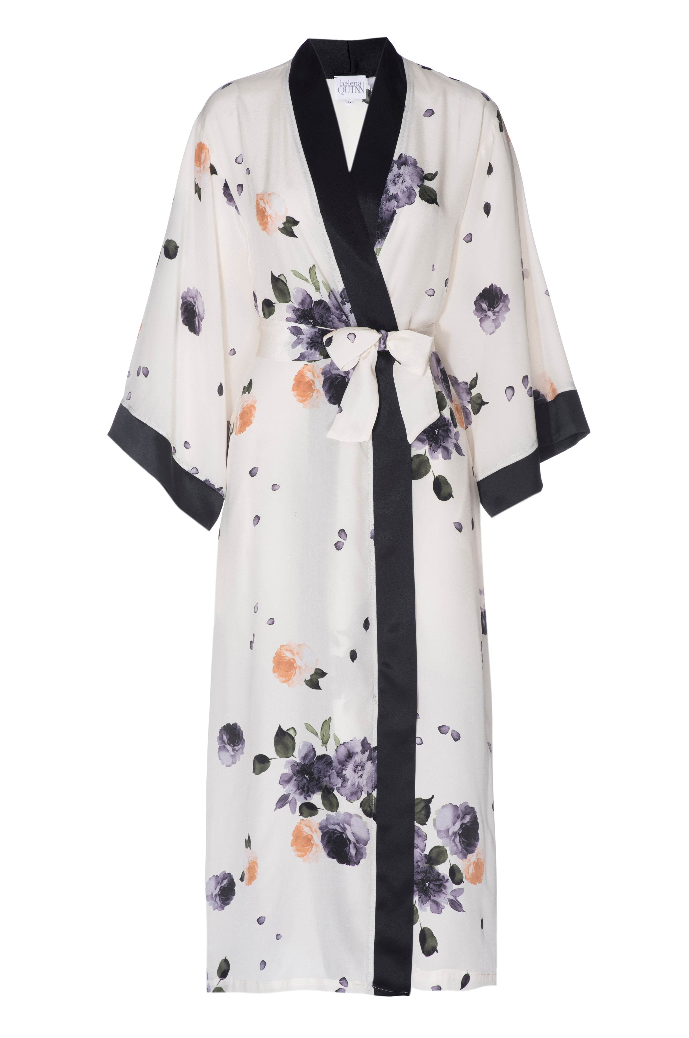 BEST SELLER: 'Garden' Floral Print Silk Robe with Black Silk Contrast-