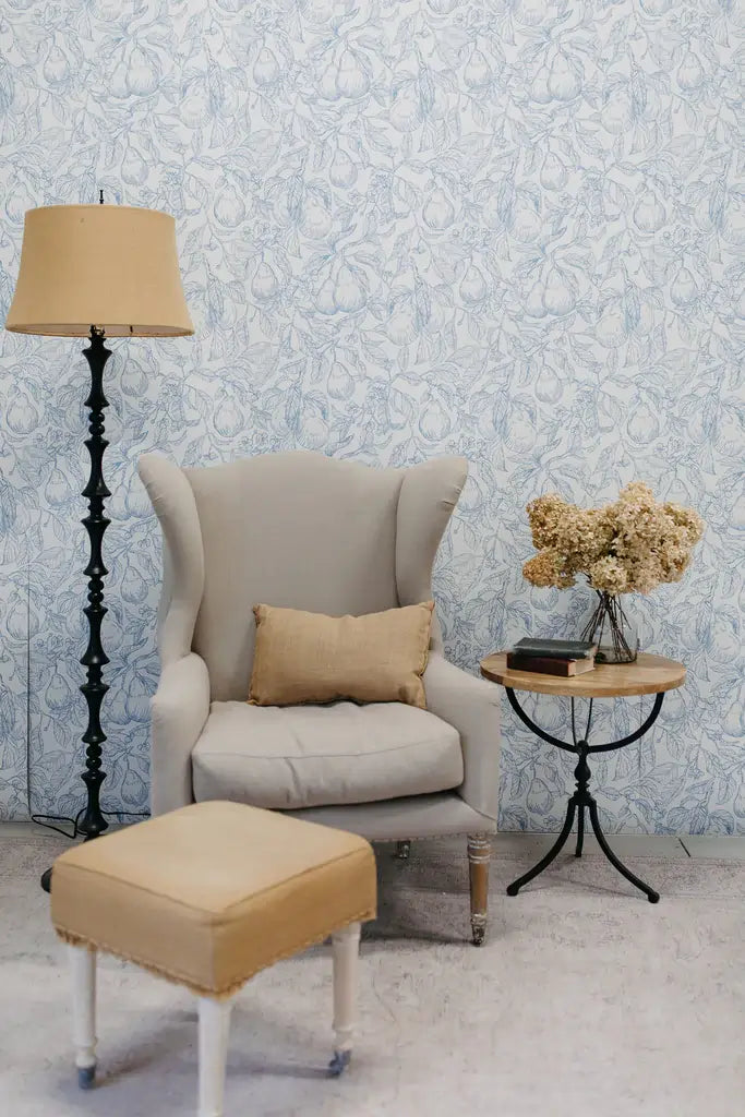 Vintage-inspired blue and white pear pattern wallpaper that would create a retro-chic ceiling design in any room.