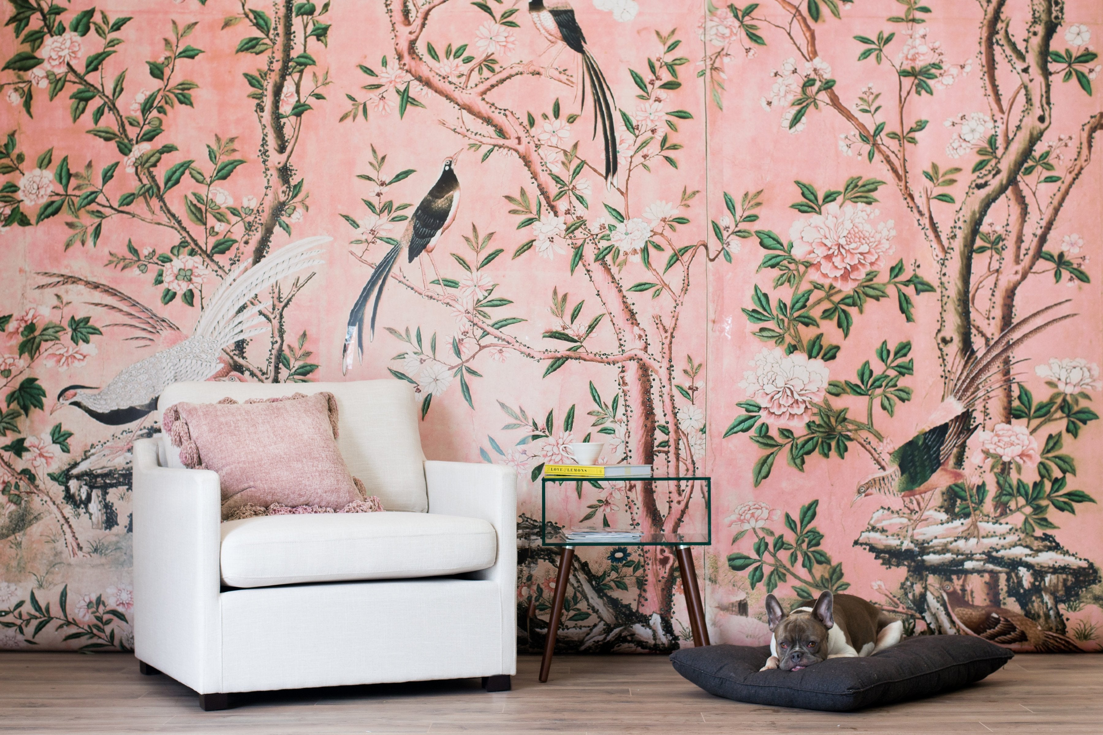 Pastel Pink Wallpaper for Walls, Magnolia Mural, Chinoiserie, Garden