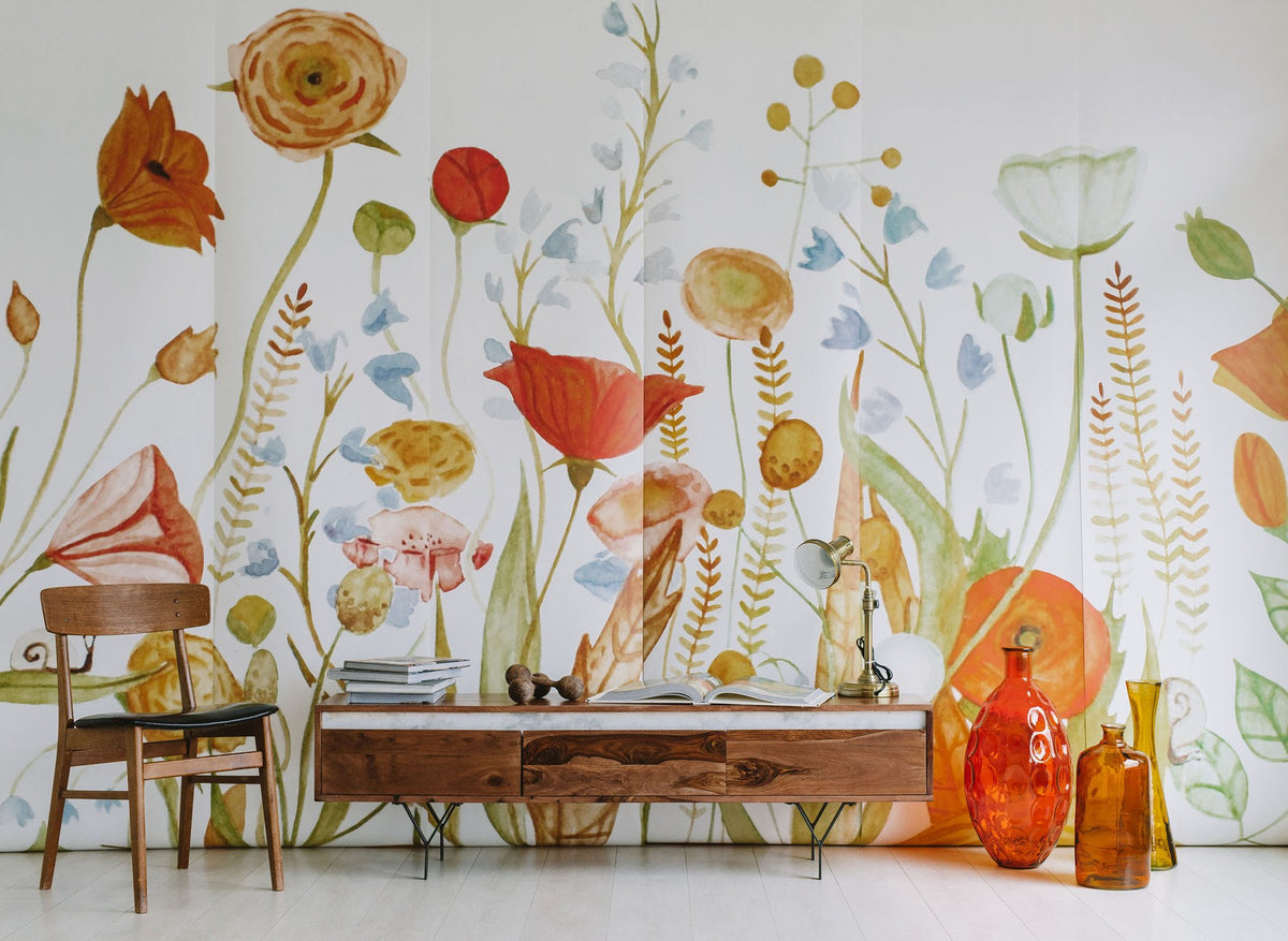 Wildflower Wallpaper, Red and Gold Floral Wall Mural ...