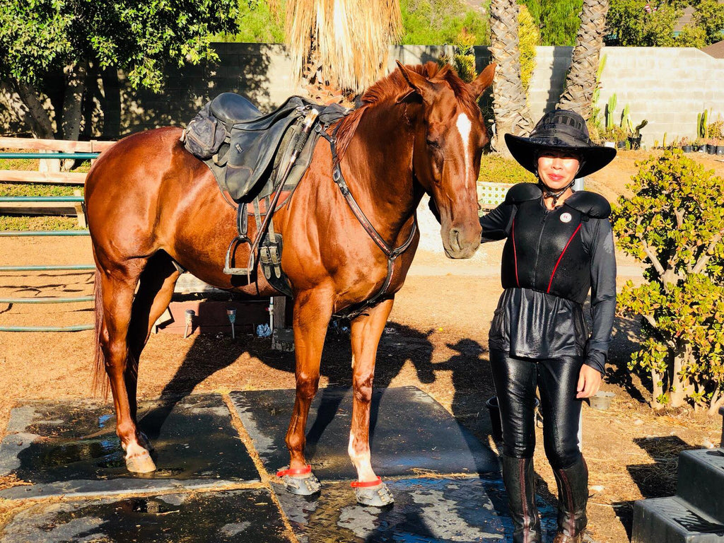 Woman posing with her brown horse after hosing him down 