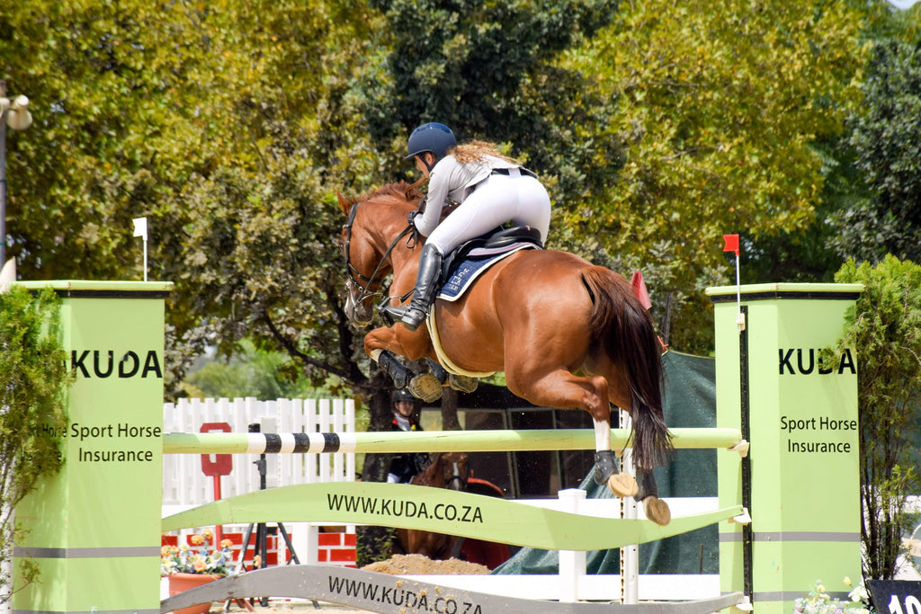 A woman riding a chestnut horse wearing black Scoot Boots