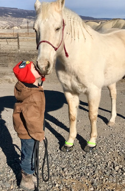 A young boy wearing a red hat kissing his white horse wearing green Scoot Boots on gravel
