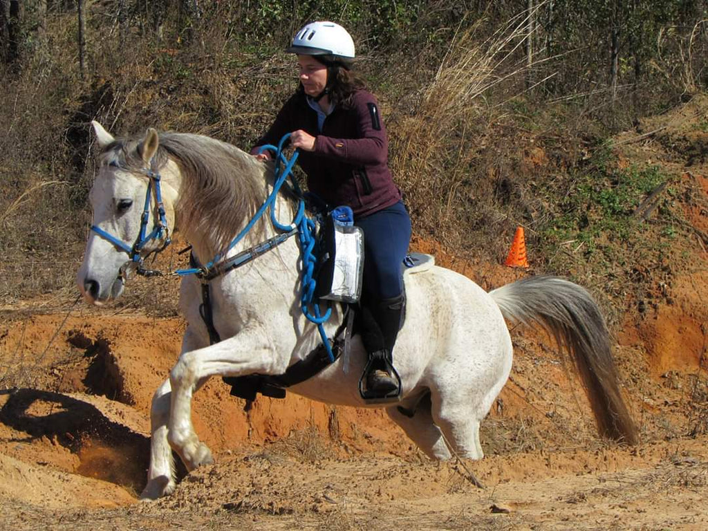 Une femme chevauchant son cheval blanc pieds nus lors d'une compétition d'équitation