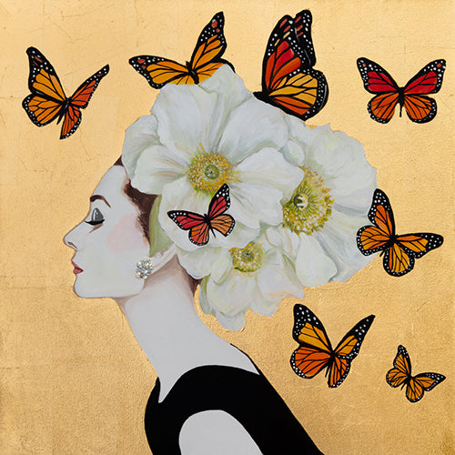 Audrey With White Poppy Chapeau and Monarchs on Gold Leaf