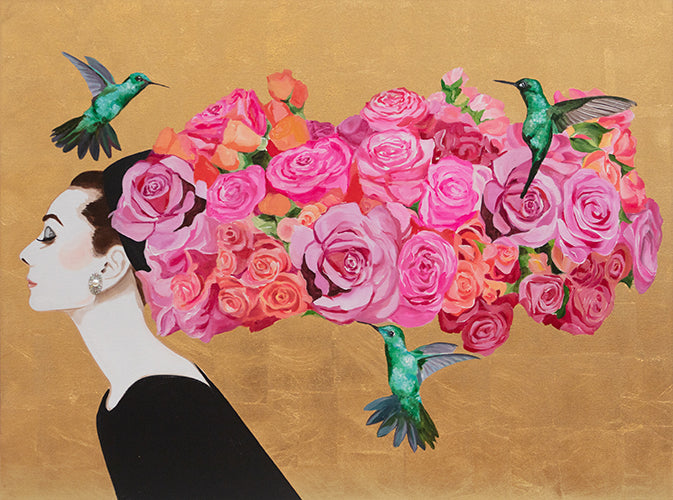 Audrey With Trailing Rose Bouquet and Emerald Green Hummingbirds on Gold Leaf