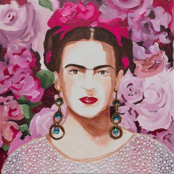 Frida with Pink Floral Background