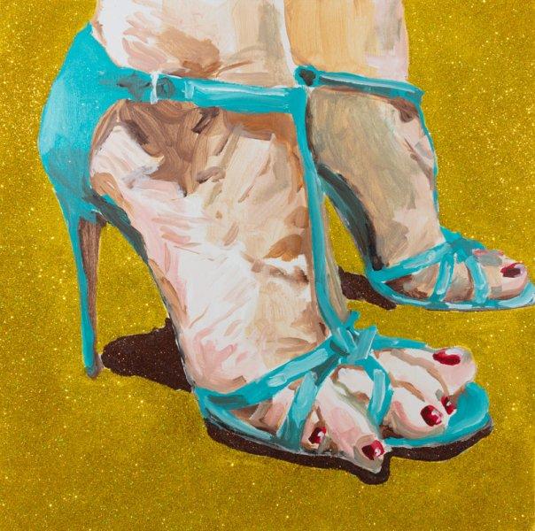 Portrait of Feet with Turquoise Strappy Heels, Red Toe Nail Polish and Gold Glitter Background